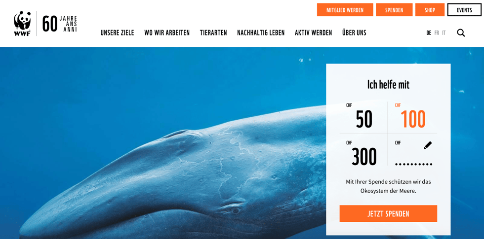 RaiseNow Spendenformular auf der Website der WWF