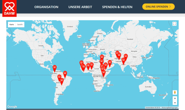 DAHW Karte, auf der man sehen kann, wo Kinder unterstützt werden.